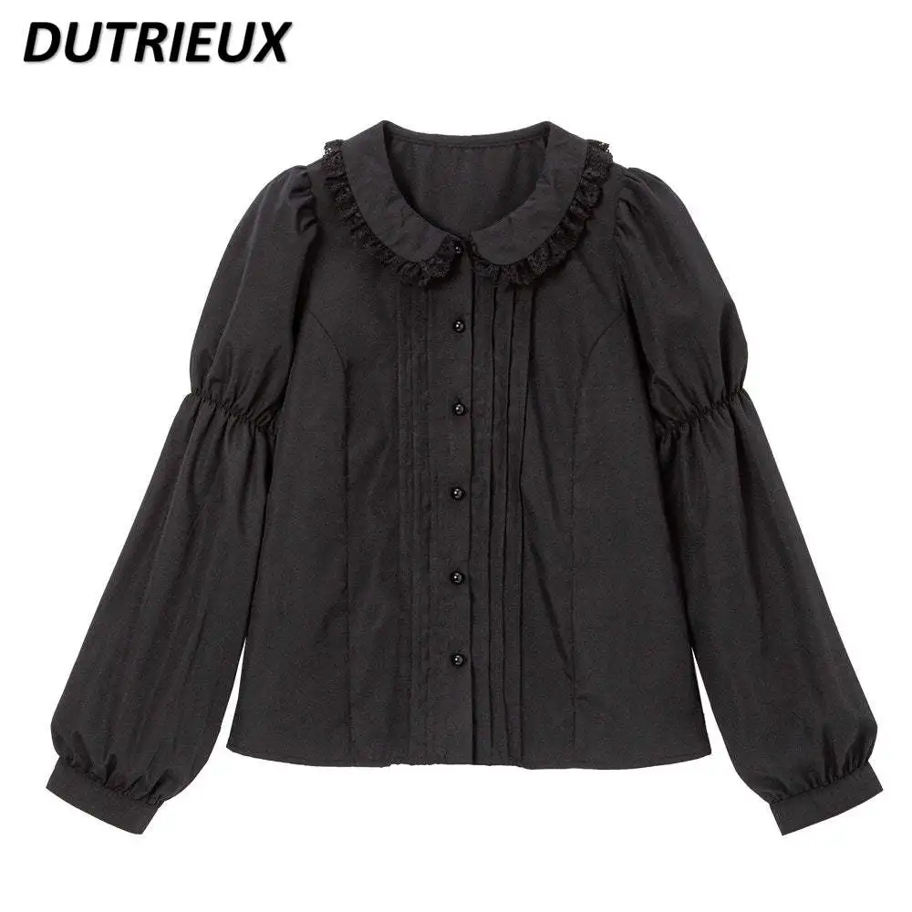 Spring New All-Matching Lolita Sweet Blouse Long Sleeve Base Shirt Japanese Style Lace Trim Doll Collar Cute Solid Color Tops