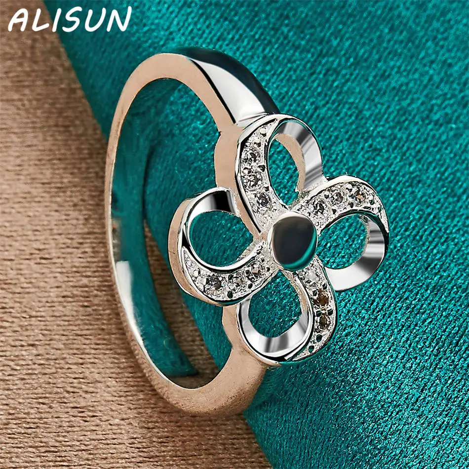 ALISUN 925 Perak Murni Ukuran 7-10 Zirkon Cincin Rumput Empat Daun untuk Wanita Perhiasan Anggun Hadiah Pesta Ulang Tahun Modis Tren