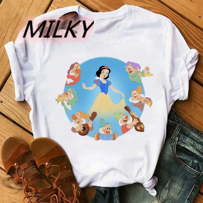 Summer New Snow White and the Seven Dwarfs Pattern Printed T-shirt Y2K Women's Loose White Tops Kawaii Cute Round Neck T-shirt