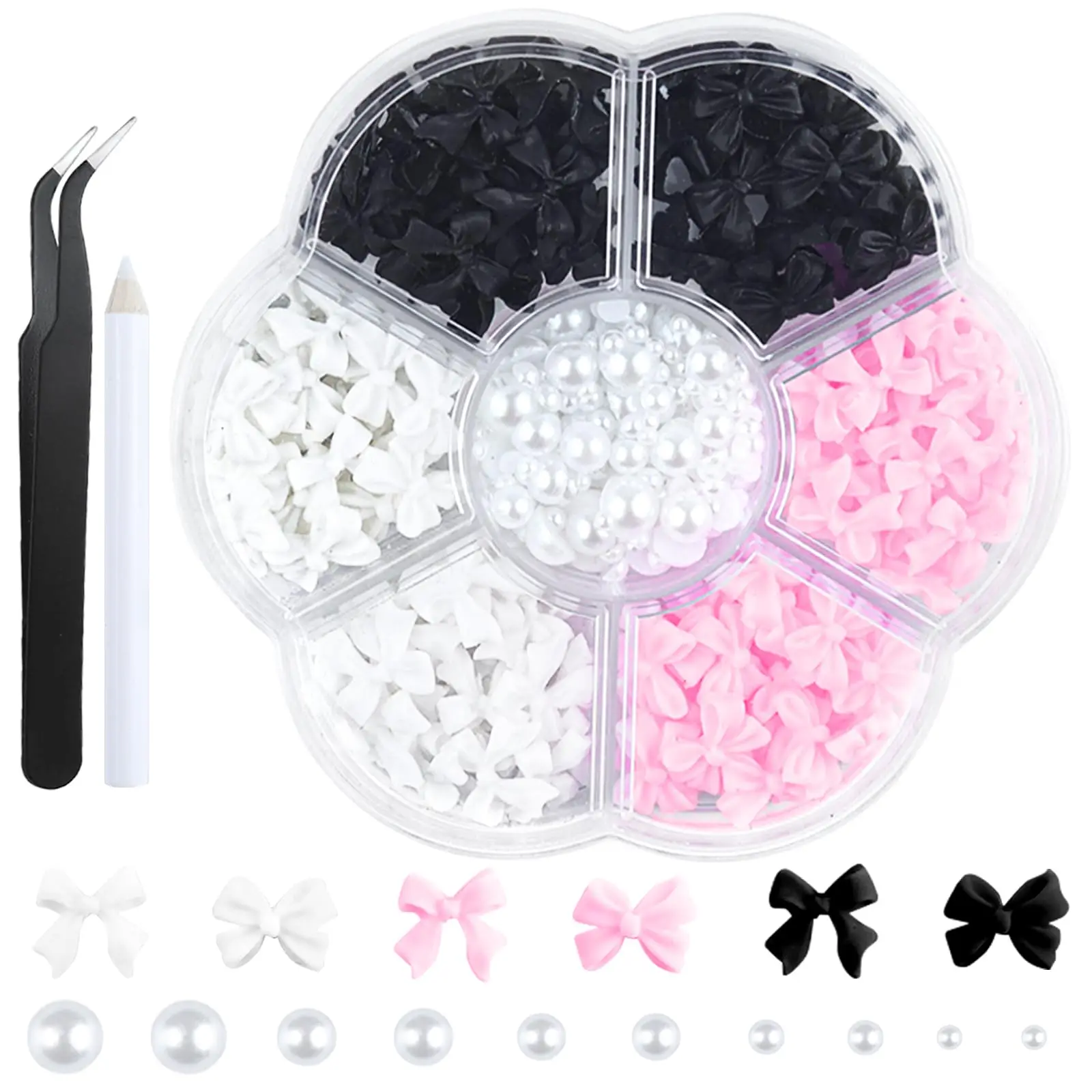 1 Box 3D Schwarz-Weiß-Rosa Schleifen-Nagelcharms Halbrunde Weiße Perlen Nagelstecker Strass Harz Flache Schleifenknoten Nagelzubehör 0,7 $ – Detail 5