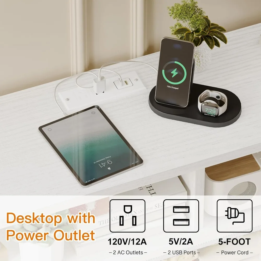 Fixwal Suporte de TV de 55 polegadas para quarto Cômoda branca com luzes LED e estação de carregamento, suporte de TV de 65 polegadas de comprimento com 7 F