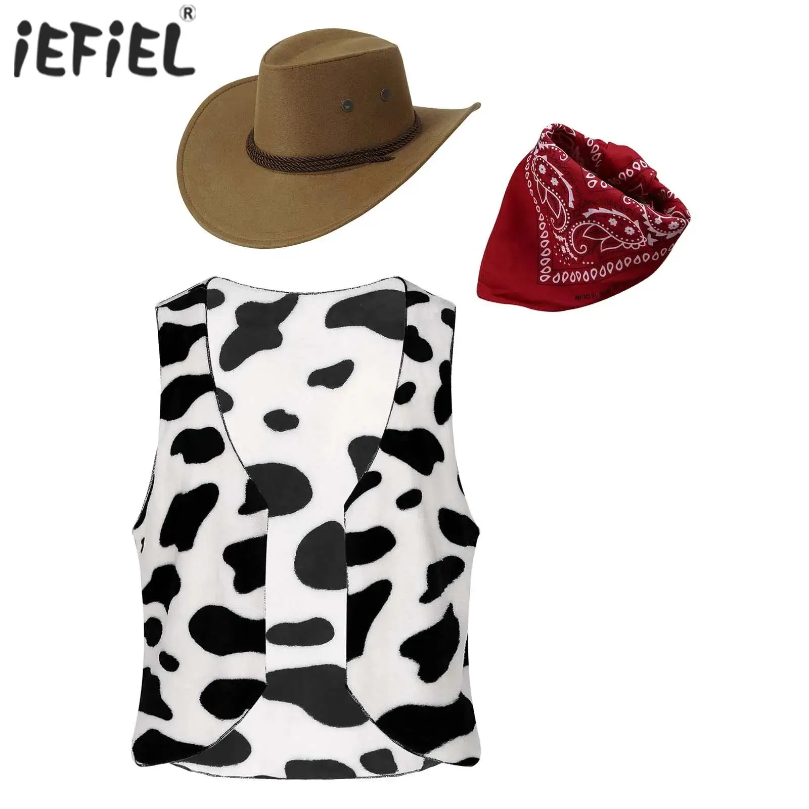 Mens Halloween Western Cowboy Cosplay Costume Cow Printed Flannel Waistcoat with Hat and Bandanna 3-piece Roleplay Suit Dress Up