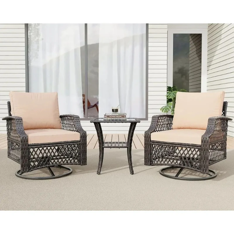 

3-Piece Wicker Swivel Chair Set with Cushions and Glass Table for Outdoor Patio, Deck, or Garden