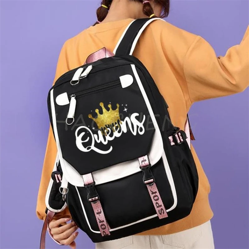 Backpacks USB Capacity Golden Queens Print For Teens Women Girls Canvas Schoolbag Student Book Bag Patchwork School Mochilas