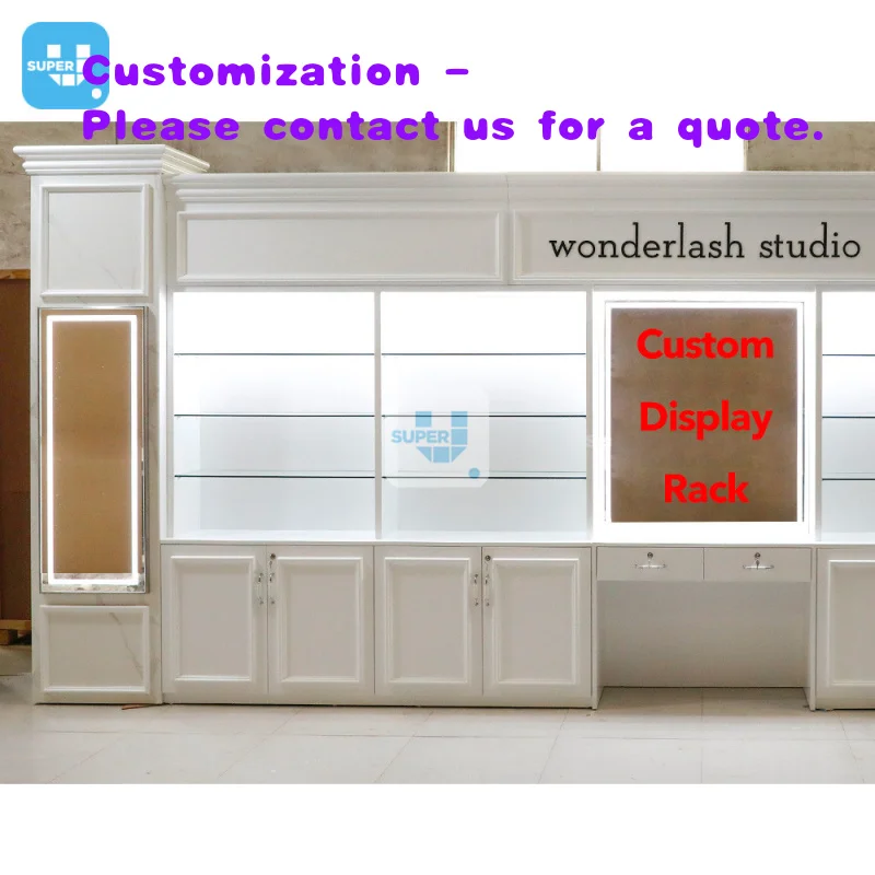 custom.Large Custom Eyelash Studio Shop Furniture Nordic Vintage Wooden Skincare Glass Wall Cabinet Cosmetic Wig