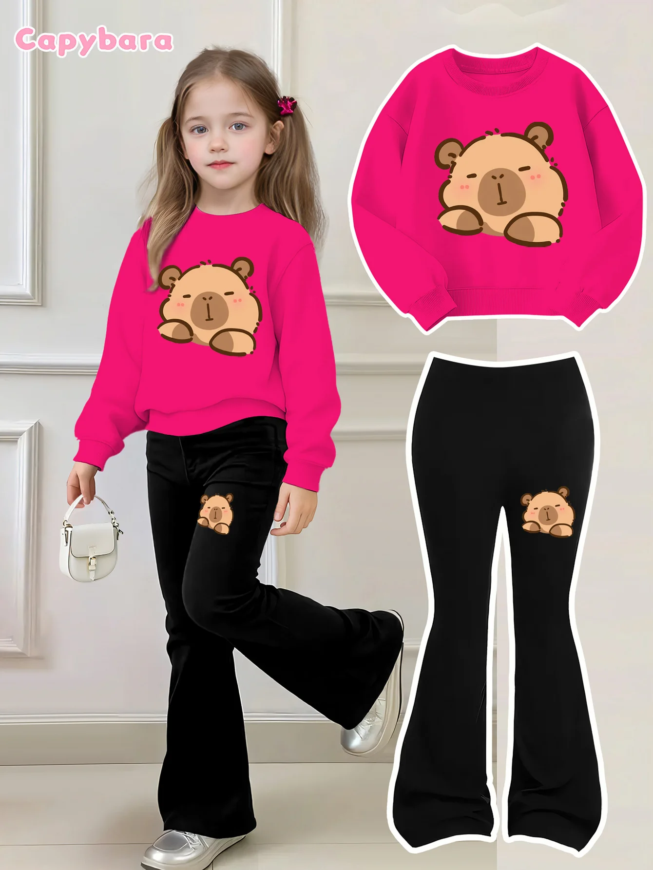 Herbst-Outfit für Mädchen: Langarm-Sweatshirt + Schlaghose, zweiteiliges Set mit Capybara-Print, rosa und rosarote Kleidung, modisch und süß, geeignet für Mädchen im Alter von 4-12 Jahren – Detail 1
