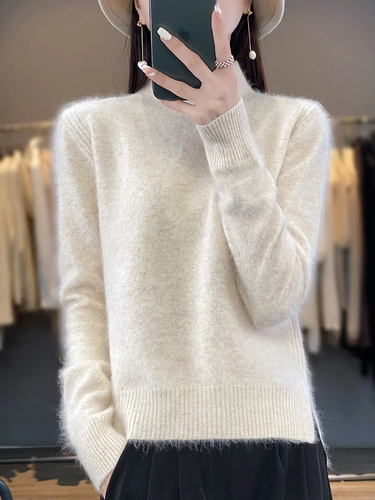 100% Mink Cashmere Sweater Women's Half High Collar Pullover Long Sleeve Cashmere Knitwear Fashion Autumn Winter Female Clothing