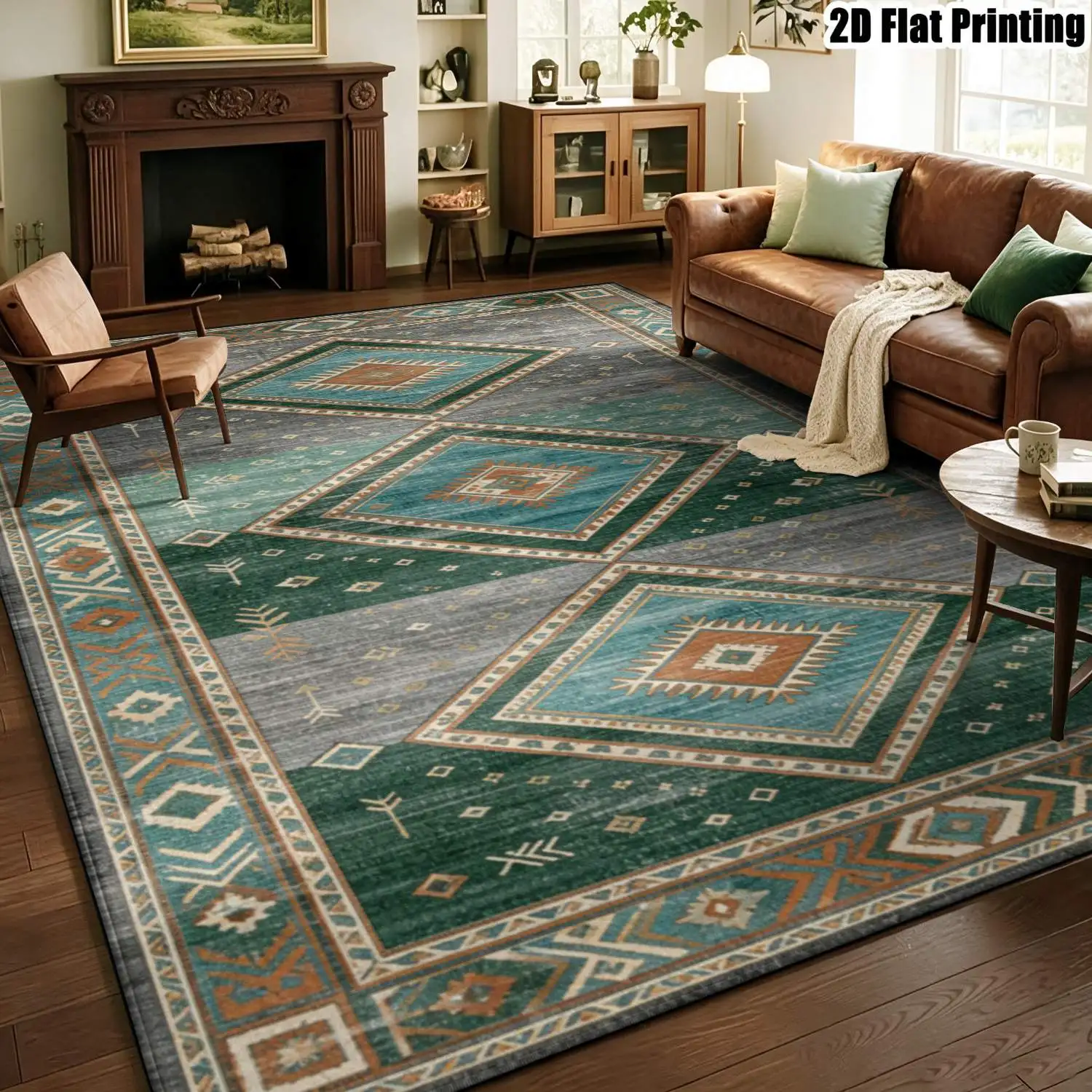 1Pc 2D Printed Retro Geometric Pattern Carpet, Dark Green & Blue-Grey Machine-Washable, Multi-Size, Home Decor Mat for Entrance, Dining, Foyer, Study, Living, Bedroom
