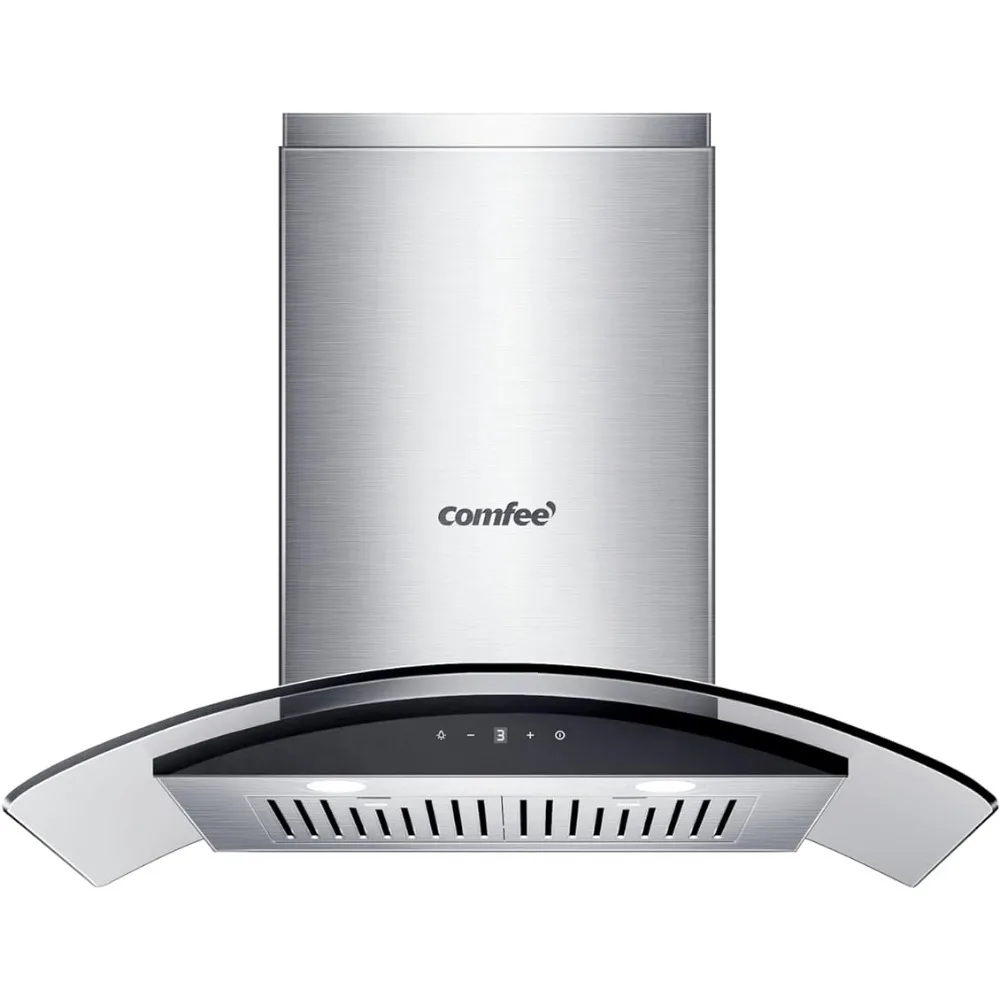 Comfee Curved Glass Range Hood 30 Inch 450 CFM 3 Speed Gesture Sensing &Touch Control Panel Stainless