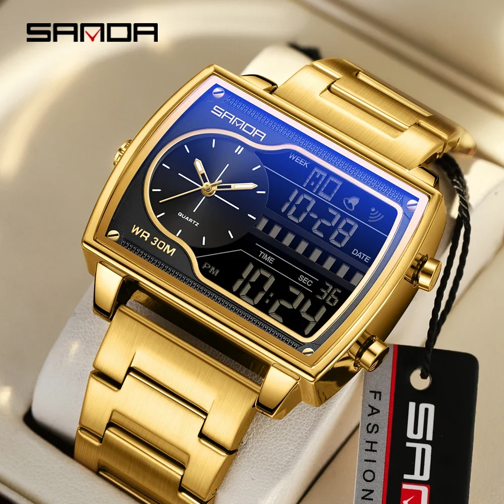 SANDA Top Brand Luxury Men Quartz Watch Fashion Square Watch Men Countdown Sports Waterproof Double Display LED Digital Watch