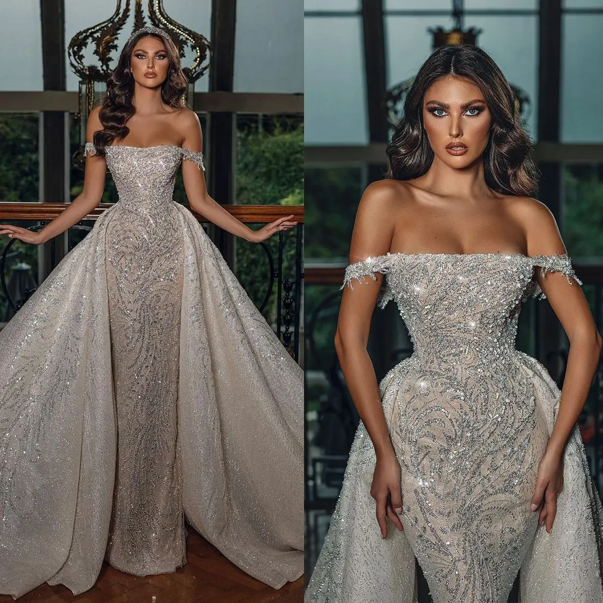 

Fashion Sequins Mermaid Wedding Dresses Off Shoulder Lace Bridal Gowns Aso Ebi Shiny Beads Bride Dress Arabic