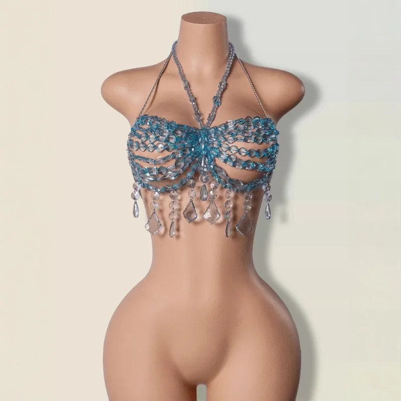 Hollow Out Tassel Rhinestones Bra Body Chain Women Sexy Halter Backless Birthday Party Clubwear Camisole Holiday Tank Crop Tops