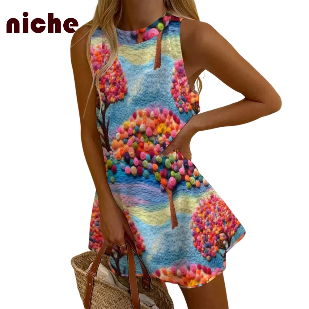 2024 Ladies Chic Sleeveless Dress Color Ball Smudge Graphic Printing High Quality Bamboo Hemp Fabric New Beach Skirt