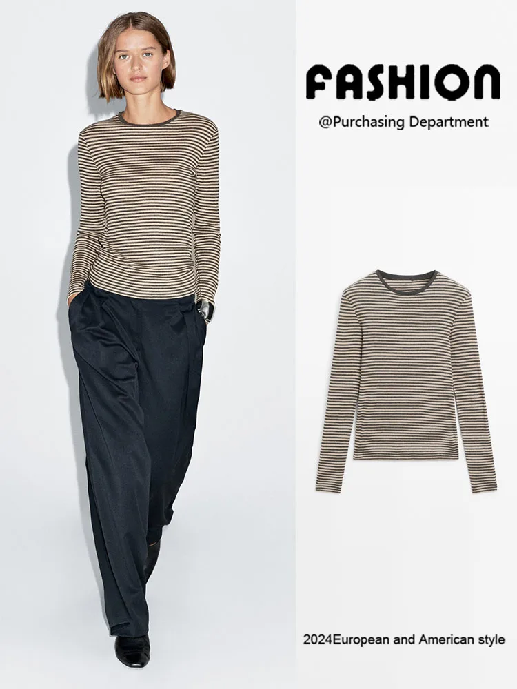 

Зима 202, женская облегающая круглая трикотажная футболка в полоску Ne Long Sve, Новое поступление, модный повседневный топ 0628606 82