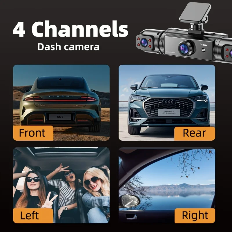 360 ° Panoramic 3/4 Lens Channel 1080P HD Ultimate Safety Dash Cam Set, 1080P Front and 720P Full Coverage Front, Rear, Left