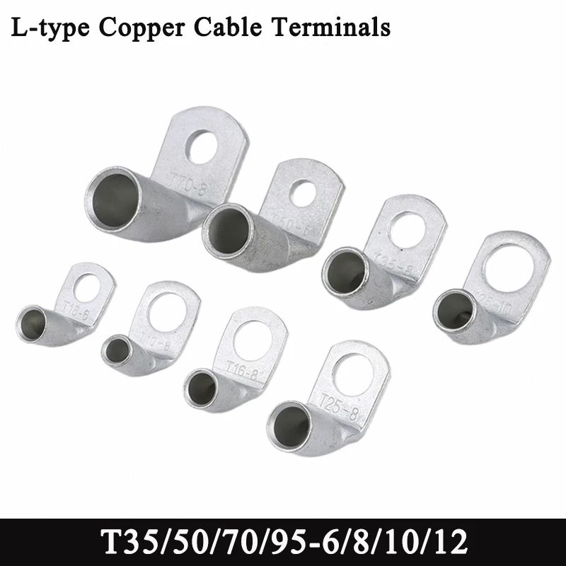 1~50pcs L-type Copper Wire Terminal Right Angle 90 Degree Bend Nose T35/50/70/95-6/8/10/12 Tinned Crimp Connector Cable Lugs