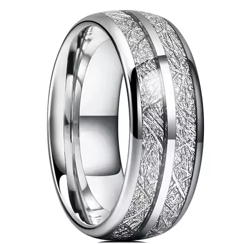 Fashion 8mm Silver Color Stainless Steel Rings for Men Double Groove Meteorite Inlay Dome Men Finger Ring Wedding Band Jewelry