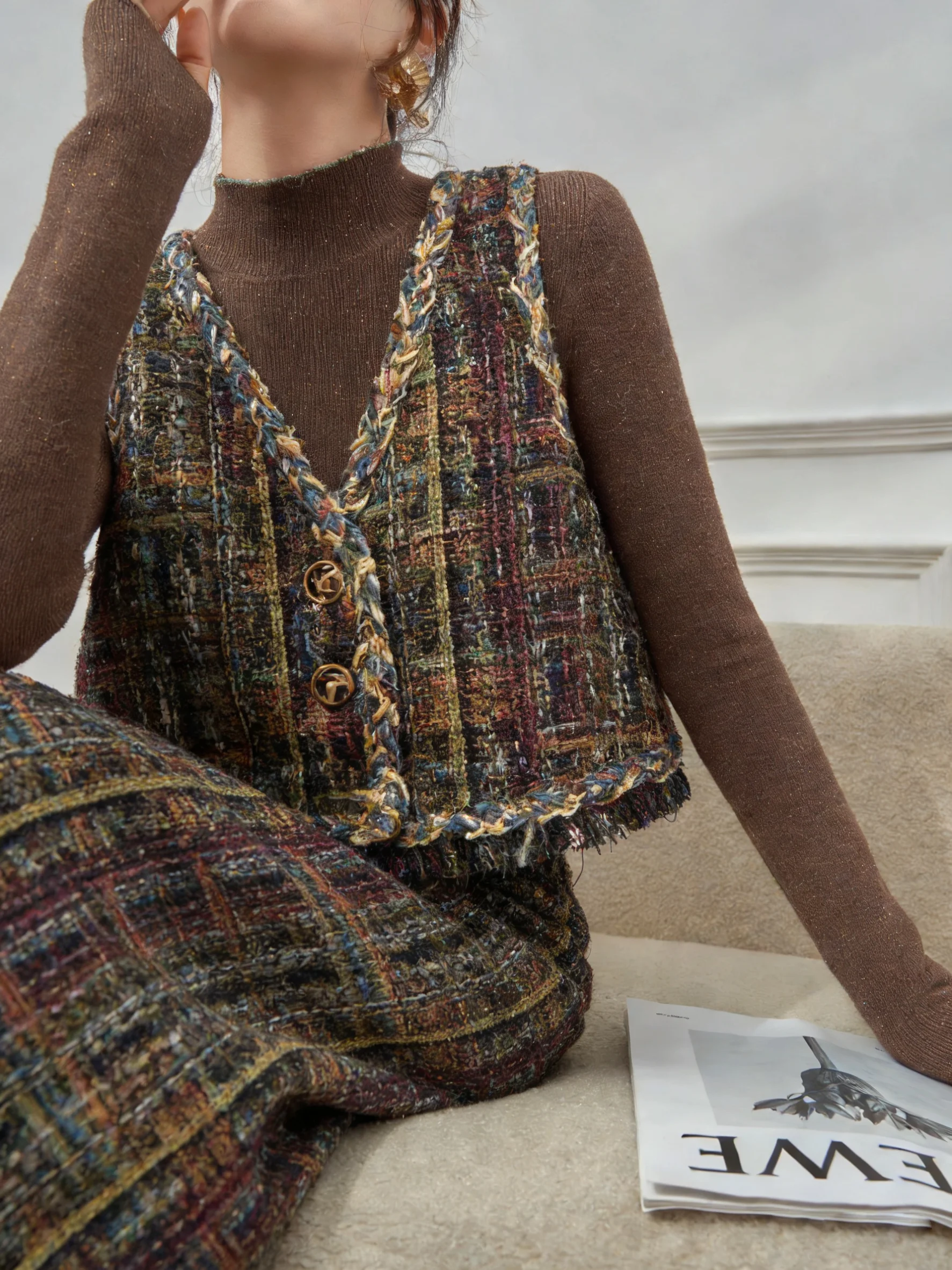 

Комплект: винтажный жилет и юбка в клетку, женский весенний наряд, с завышенной талией, на пуговицах, свободный крой