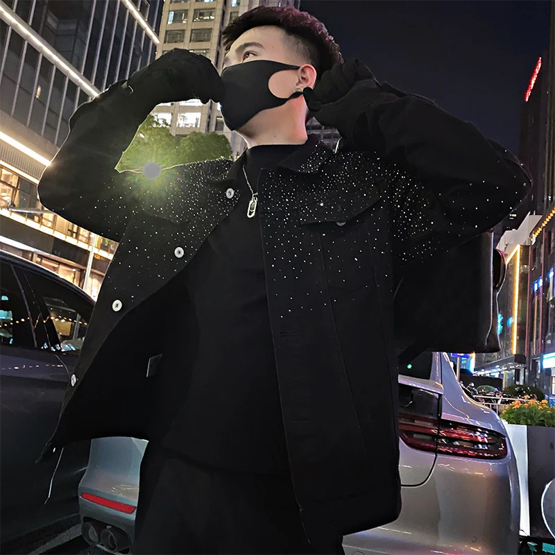 

Small Size Men's Faion Outerwear Diamond Embedded adient Proc Denim Jaet Autumn Winter Korean Sle Casual Coat