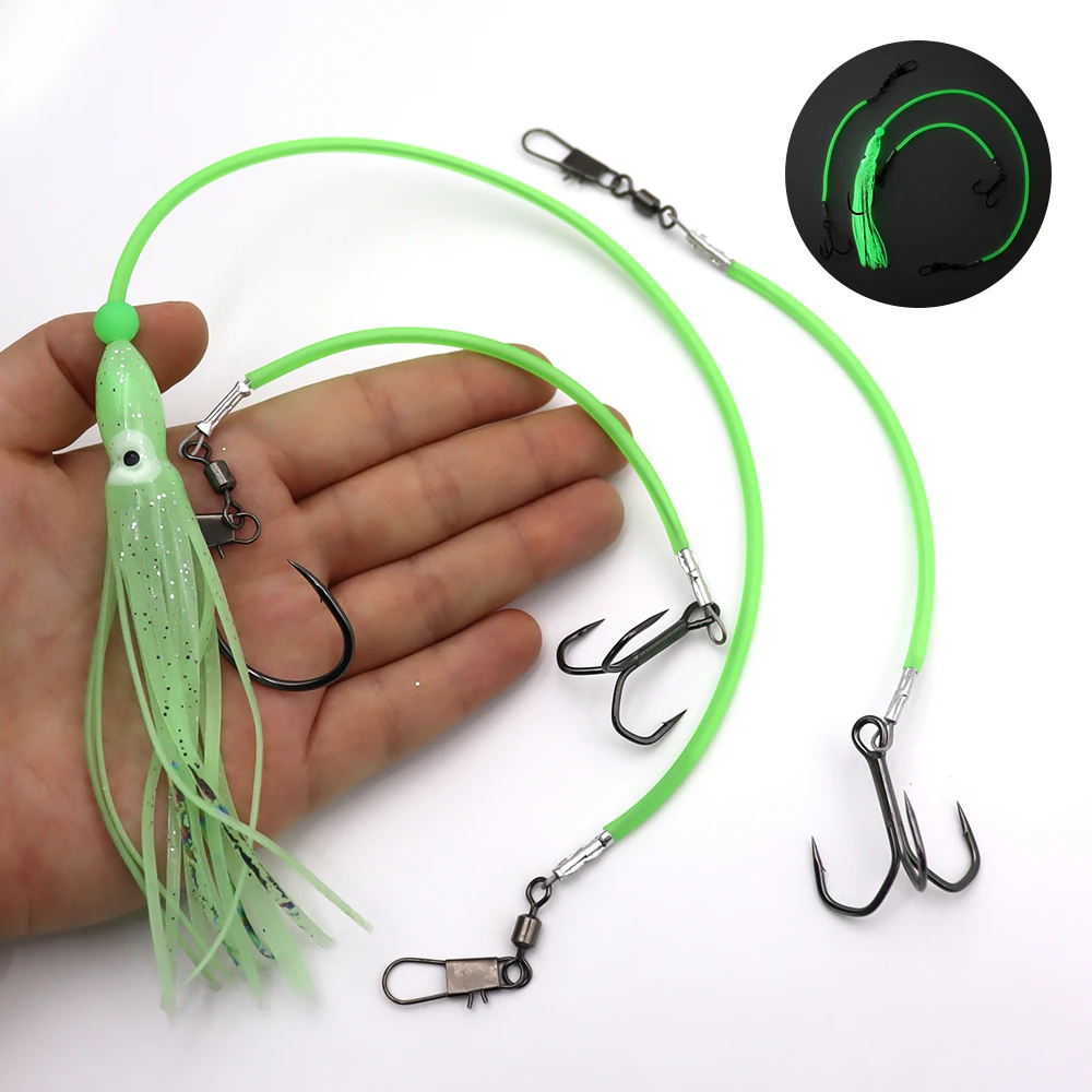 ZYZHE 1 Stück Stinger Rigs Salzwasser-Lebendköder-Rigs mit Stahlschnur-Dreifachhaken Leuchtende Oktopus-Köder Ideal für Dorsch und Barsch – Detail 6
