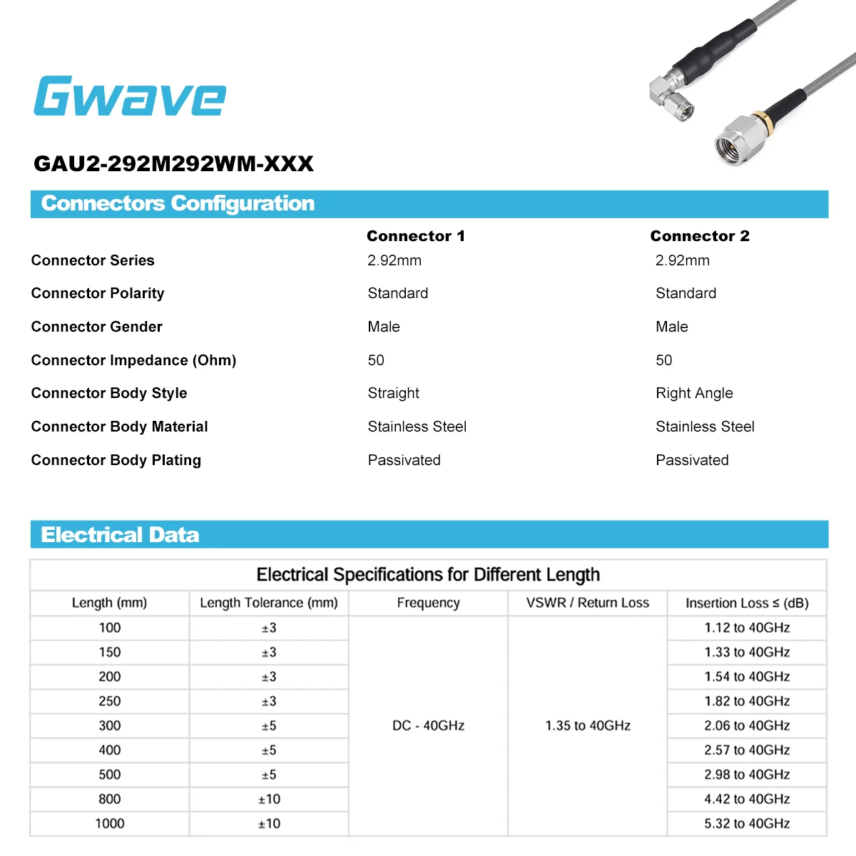 2.92mm Male Coax DC 40GHz Communication Cable Right Angle 3506 Series Low Loss Phase Stable Flexible-2.92mm Male Connector