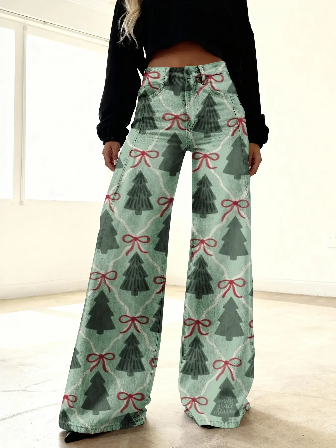 Women's imitation denim printed high waisted flared pants, sweet and cute, Women's denim appearance pants