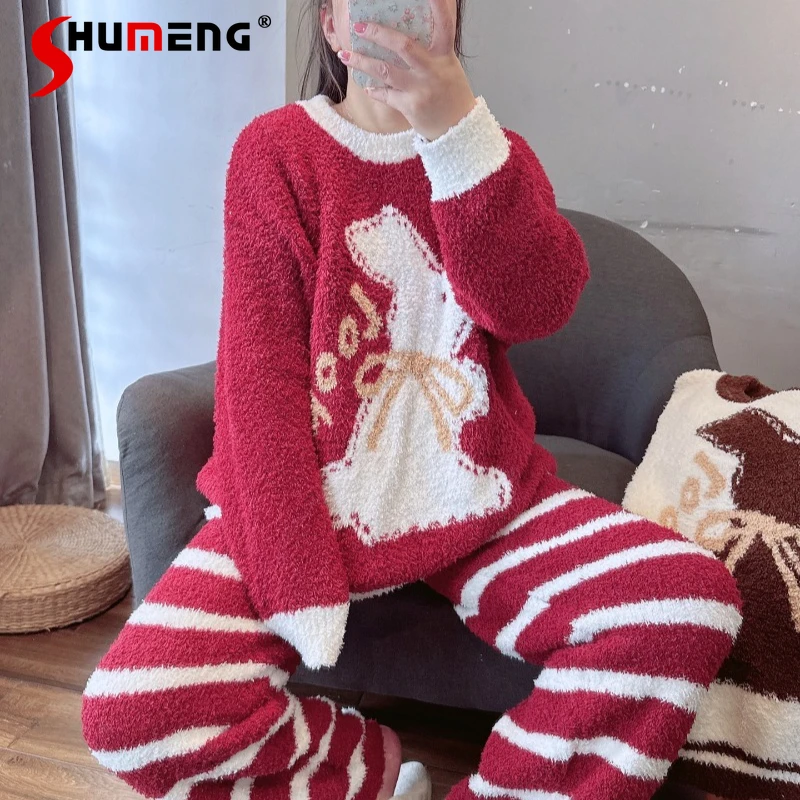 

Sweet Cartoon Rabbit Fleece Pajamas for Women Autumn Winter Thickened Warm Sleep Set Female Round Neck Outerwear Homewear