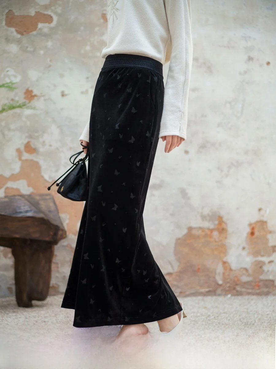 

Оригинальная женская длинная юбка Zen Sound из китайского шелкового бархата с принтом, прямого кроя, универсальная, для зимы и повседневной носки