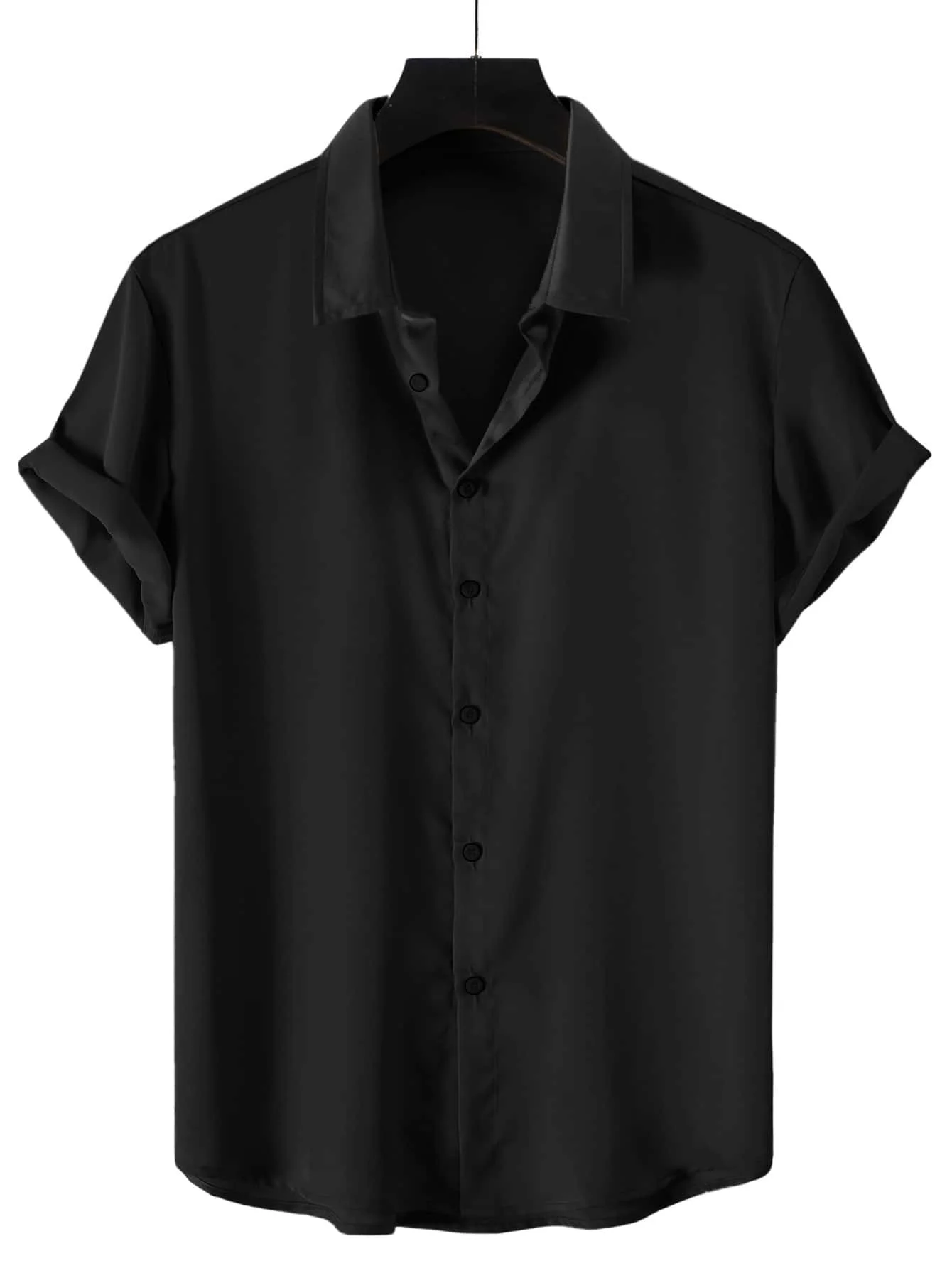 

Men's Solid Black Short Sleeve Button-Up Shirt, Casual Fit