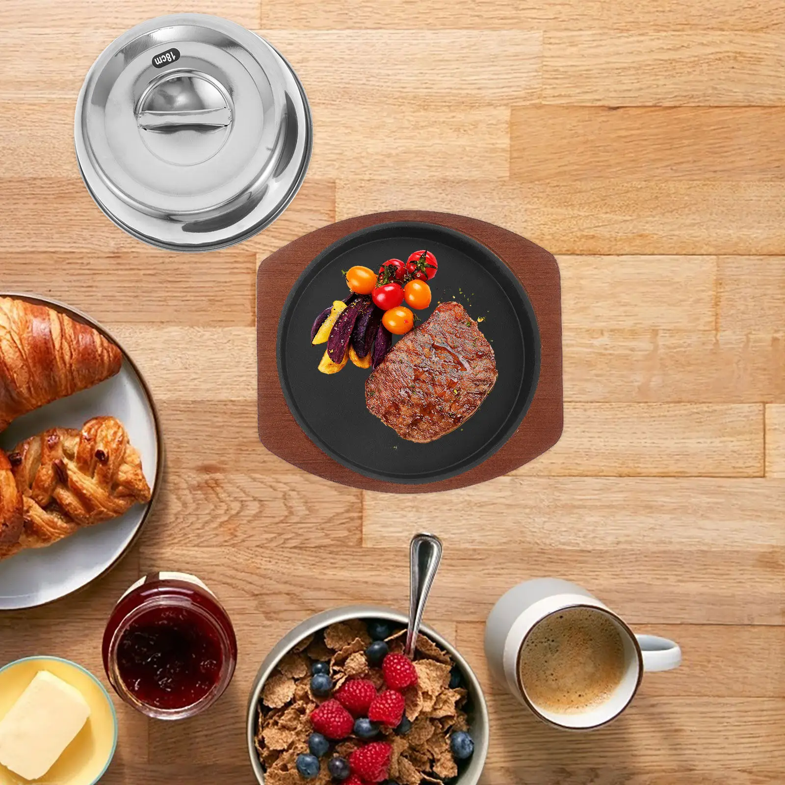 

1Set Small Cast Iron Steak Plate Thickened Round Lid Pan for Steak Fish Grilled Barbecue Cooking Kitchen Use Grilled Fish Plate