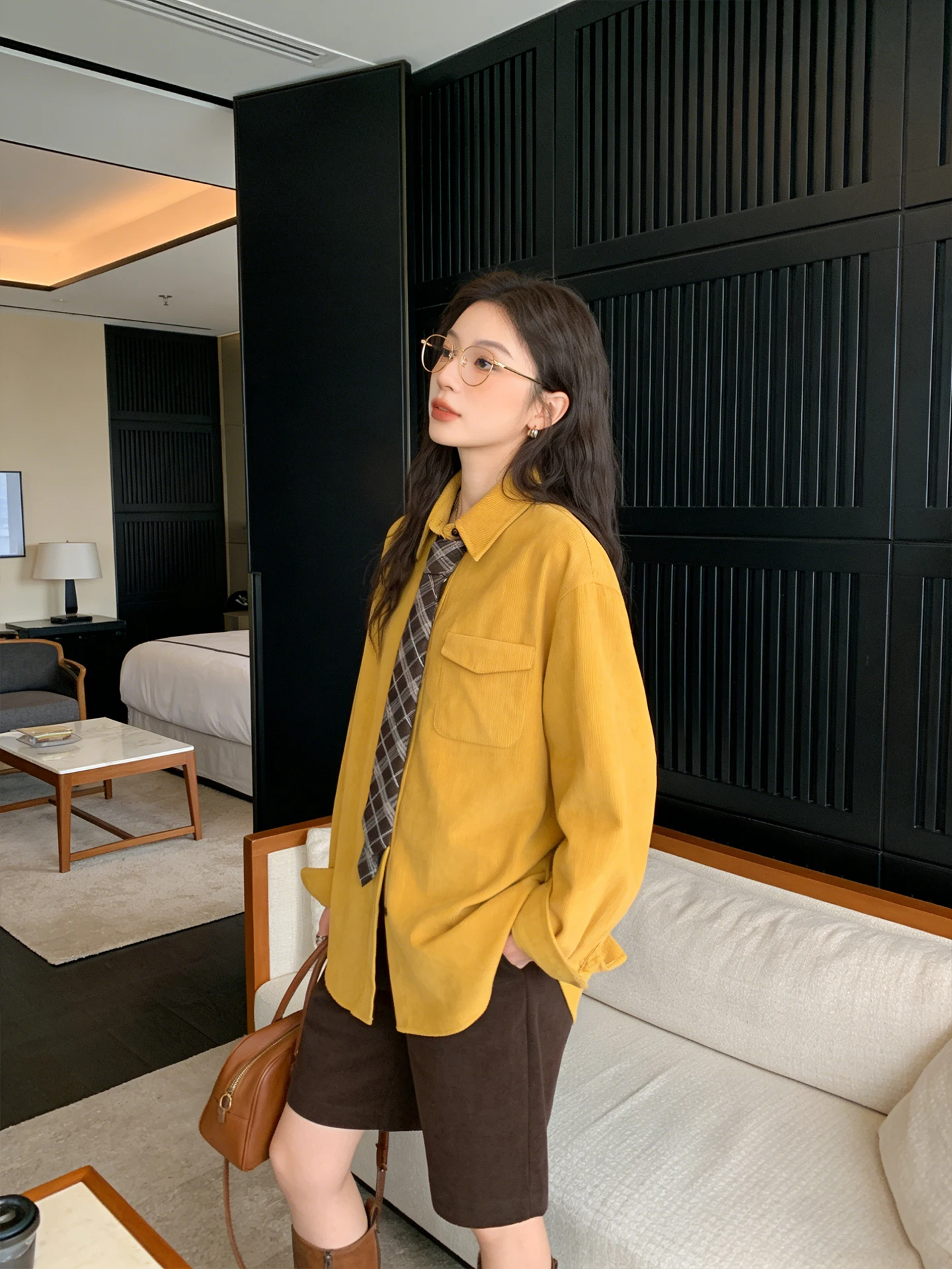 

Retro Tie irt Women's Spring Autumn Casual High-End Yellow Lazy Casual irt Inner And Outer Wear Loose Long Sve Korean ...