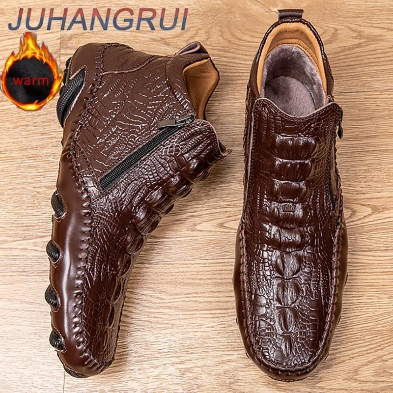 Men's Stylish High-Top Casual Shoes, Crocodile Embossed Cowhide Leather, Easy-Use Metal Zipper, Durable&Fashionable for Leisure