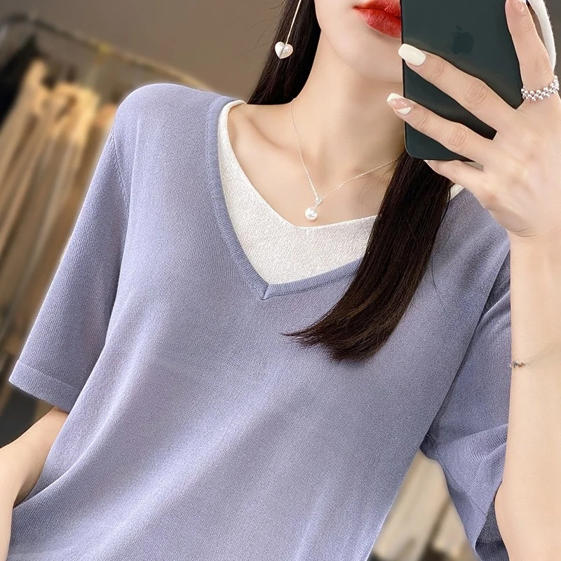 アイスシルクニット オルト スヴェ ティート 女性用 夏 ルーズ カジュアル Vネック リネン スヴェ ベース イート スリミングトップ