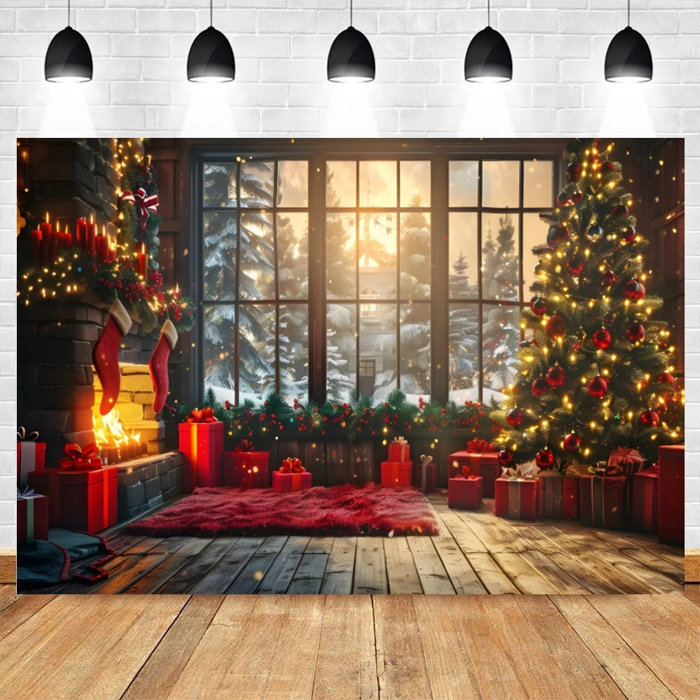 Winter Window Curtains Forest Snow Photography Backrop White Candle Christms Party Home Decor Photo Background Studio Props