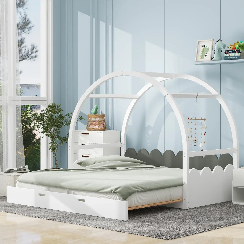 

5-in-1 Twin Size Stretchable Vaulted Roof Bed,Children's Bed Pine Wood Frame,Whitegray Bed for Girls From 6To12 Years Princesses