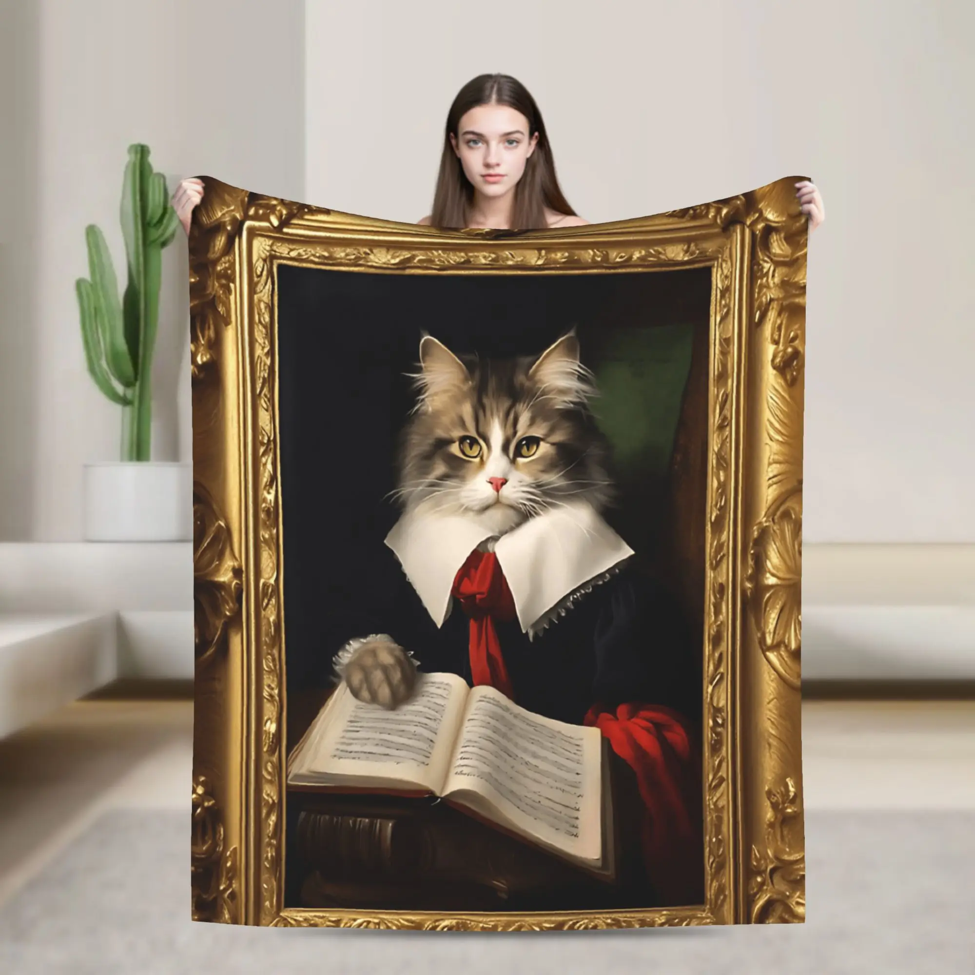 Cute Caroon Cat Portrait Photo Frame Art Bedding Throws Warm Comfy Trend Blanket  For Bedroom Picnic Flannel Bedspread Bed Cover
