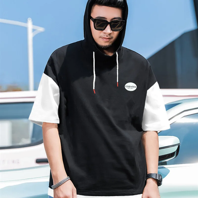 Big tide man loose short-sleeved T-shirt oversized hooded colour blocking leisure pullover body shirt 15XL mens t shirts 200KG