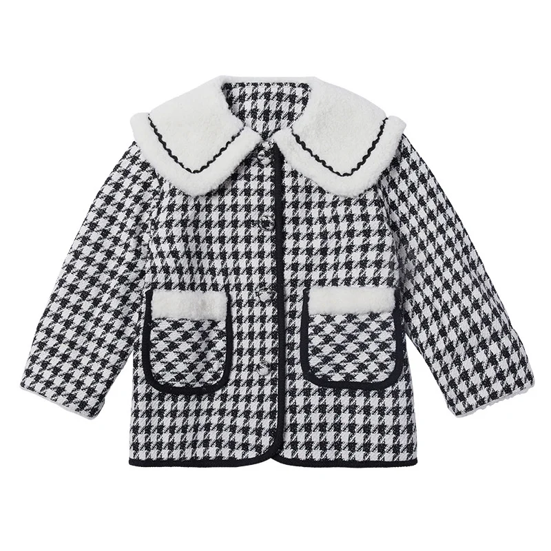 Girls Woolen Coat Jacket Windbreak 2023 Houndstooth Warm Thicken Winter Cotton Overcoat Plus Size Children's Clothing