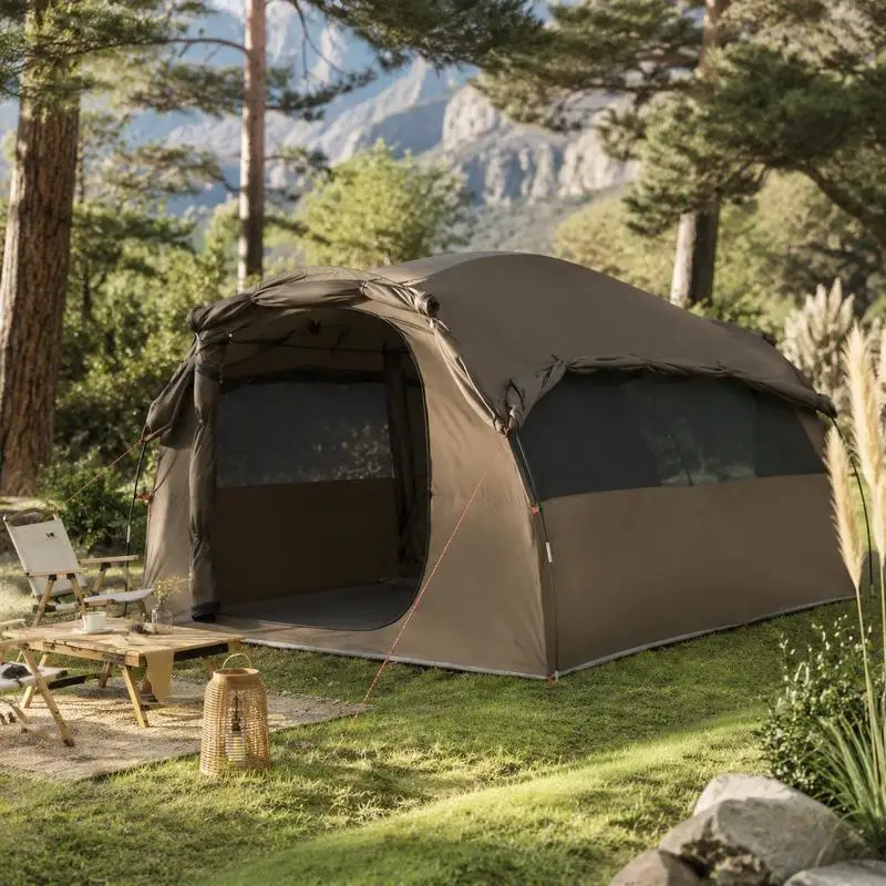 Tente familiale tunnel pour 6 personnes, marron, imperméable