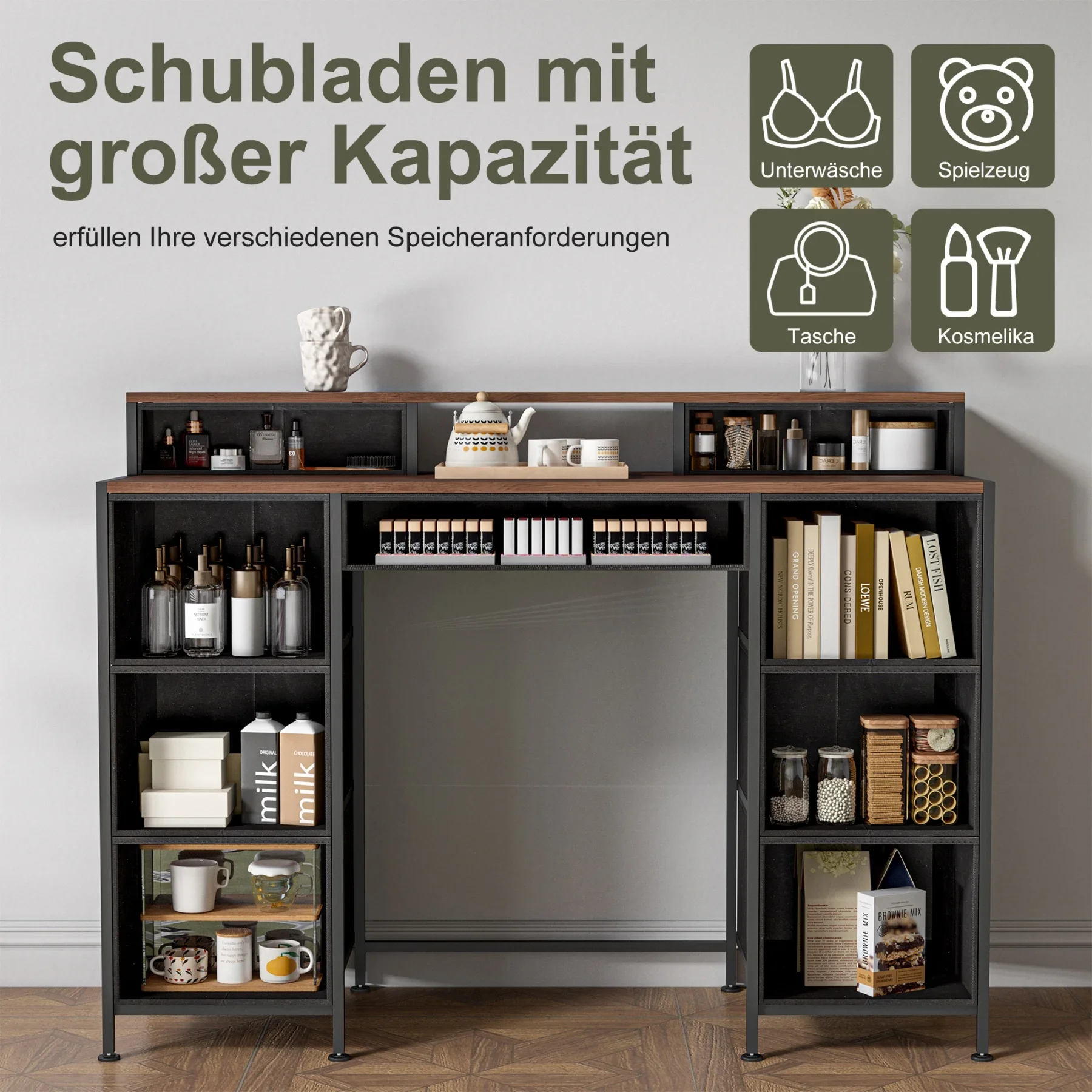 طاولة زينة Rosahqnda مع 9 أدراج، خزانة ذات أدراج، خزانة ذات أدراج قماشية، إطار معدني، أدراج قماش 121x40x91.2 سم