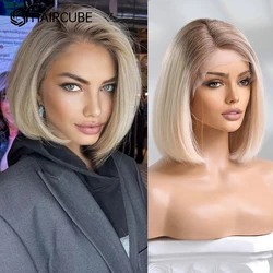 HAIRCUBE Blonde Human Hair Lace Frontal Wigs Short Bob Straight Human Hair Wigs Platinum White 13*1 T Part Lace Wig for Women