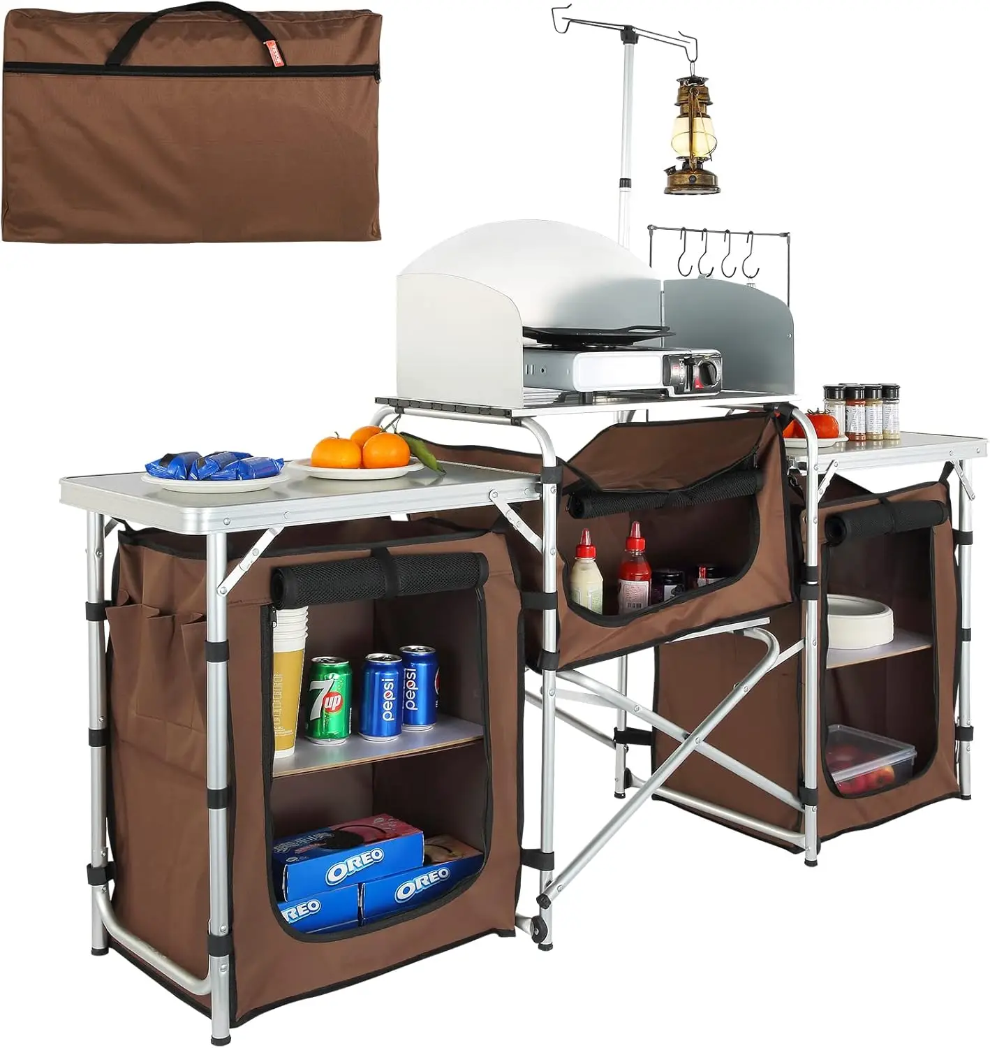 Camping Kitchen Table, Folding Outdoor Cooking Table with Storage Carrying Bag, Aluminum Cook Station 3 Cupboard