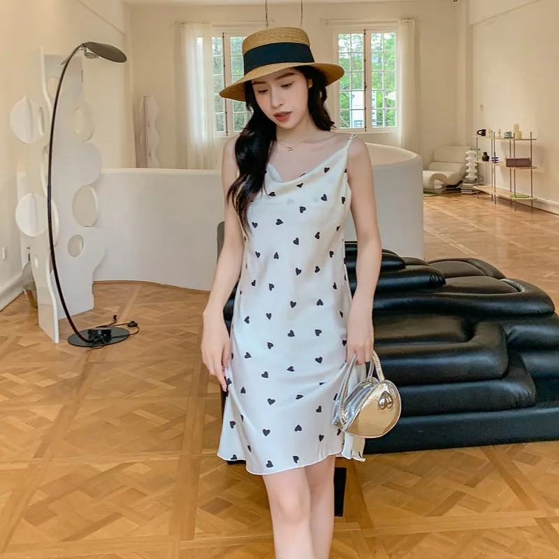 

Summer New Style In-Fashion Holiday Heart Strap Dress Sexy Sweet Home Clothes Nightgown Pink Leopard Print Elegance