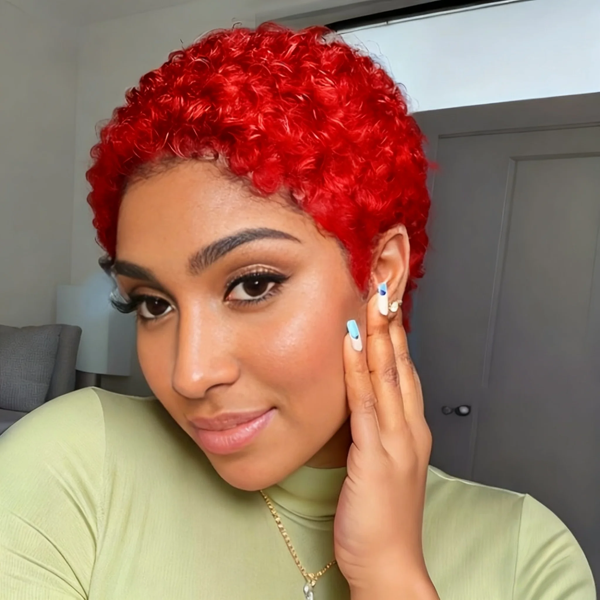 Red Short Afro Kinky Curly Pixie Cut Wig for Women Human Hair Full Machine Made Curly Wave Wig