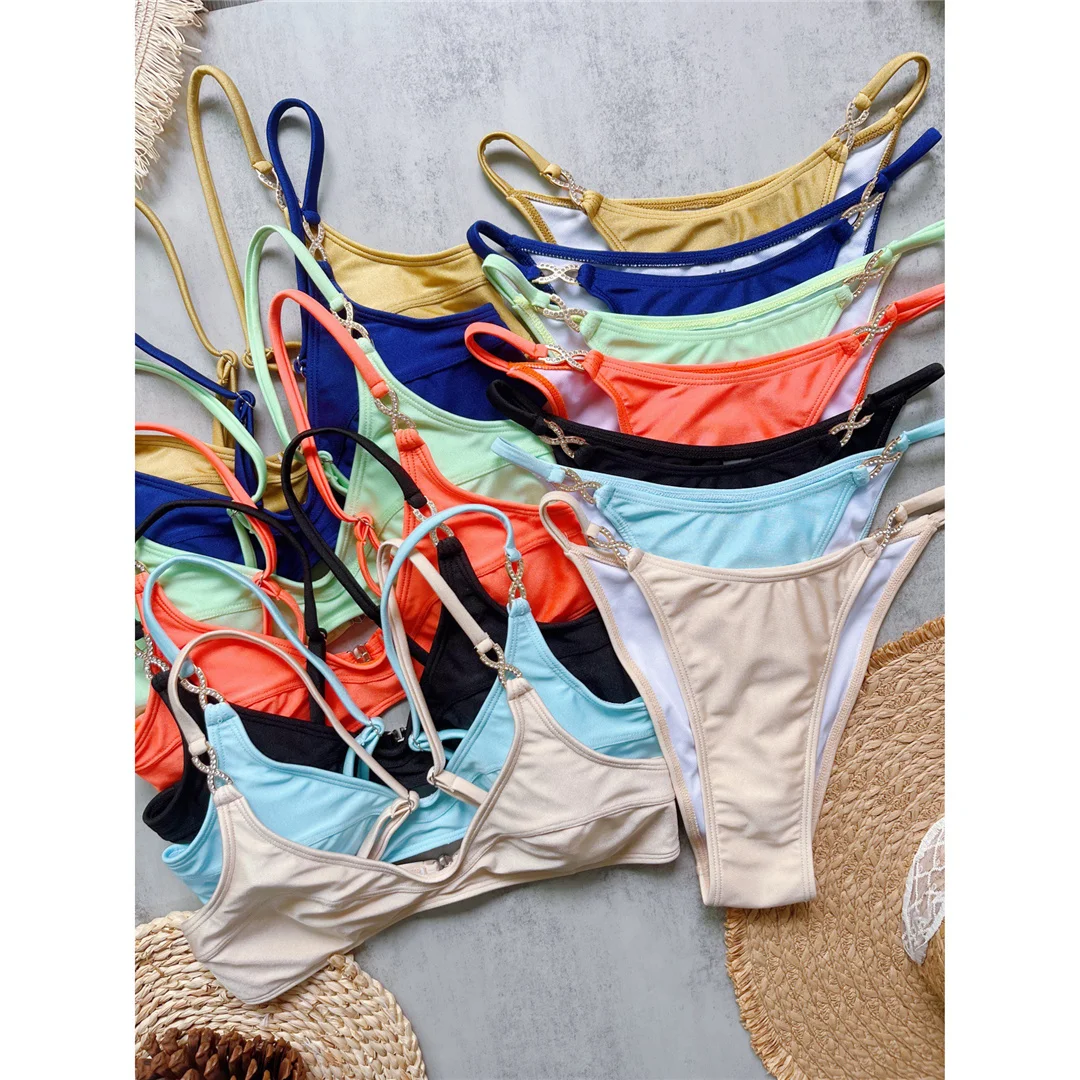 10 Farben, V-Ausschnitt, mit Strasssteinen verzierter Bikini, Damen-Badeanzug, zweiteiliges Bikini-Set, gepolsterter Badeanzug, Badebekleidung, Modell V8138. – Detail 23