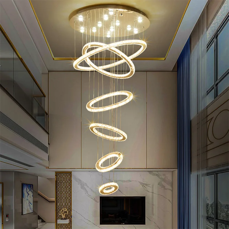 Living Room Large Pendant Lamp, Villa Luxurious Crystal Lamp, Stainless Steel Spotlight, Duplex Building Circular Pendant Lamp