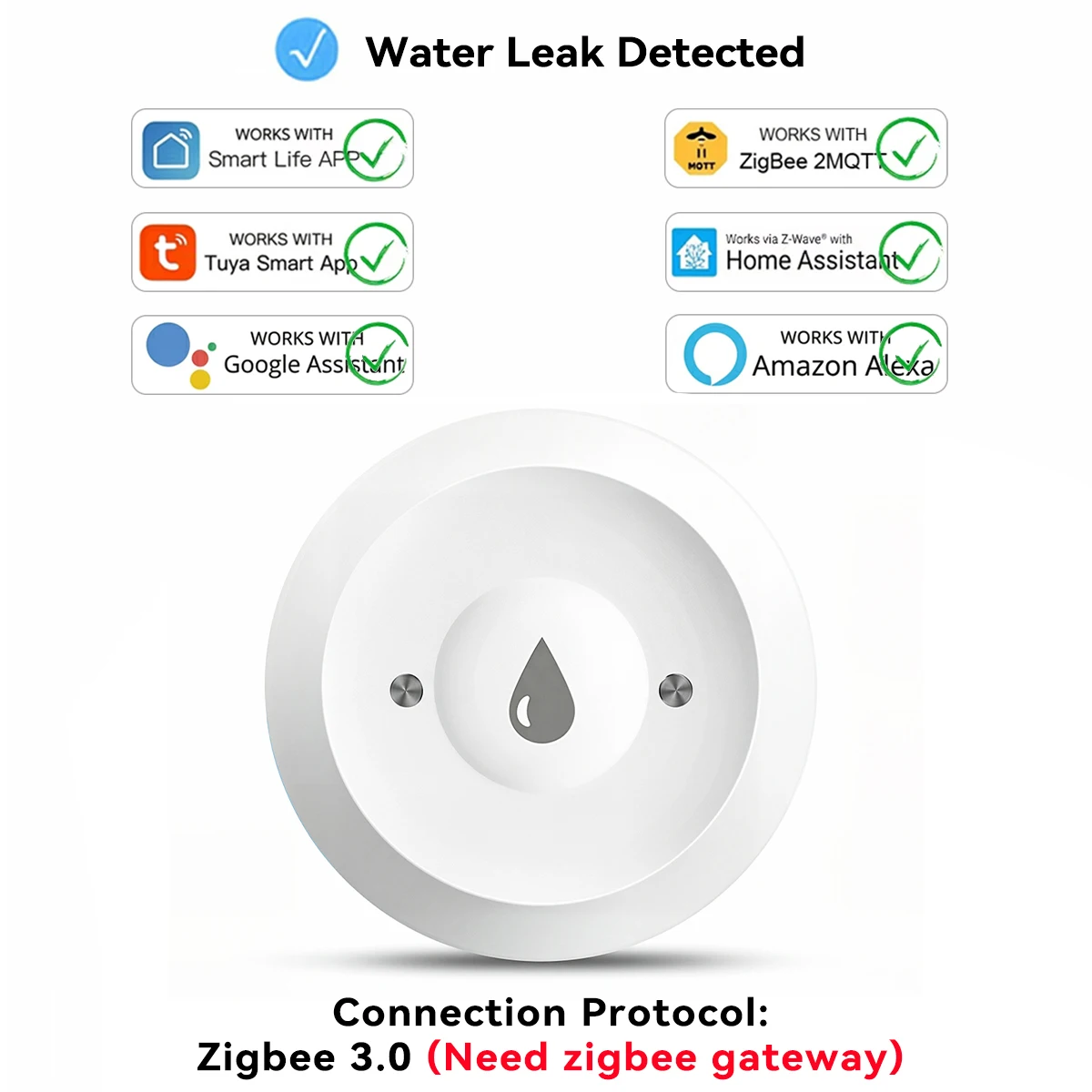 Tuya Zigbee Water Sensor Smart Life Water Leakage Detector App Remote Monitoring for Kitchen Bathroom 2MQTT Gateway Required