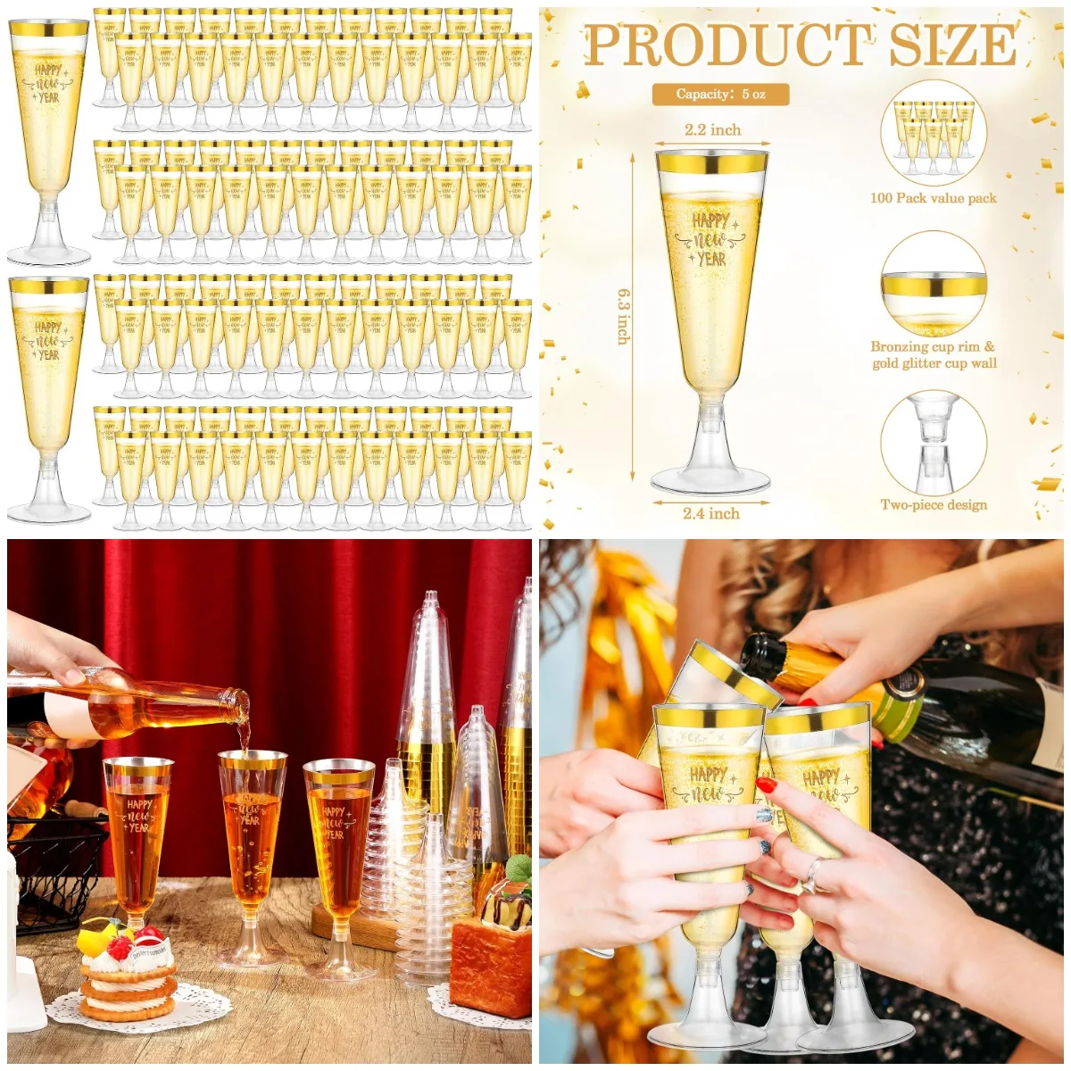 

100 Pcs Disposable Champagne Flutes 5 oz Gold Rim for New Year's Eve Party