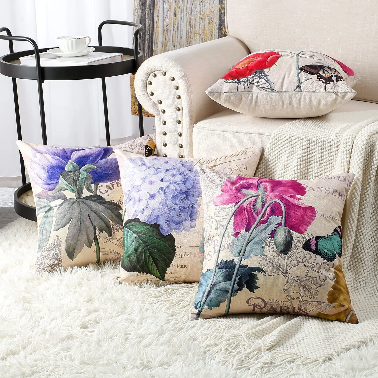 Vintage Purple Flower Linen Cushion Cover for Car Living Room Sofa Bedroom Home Decor, 40x40 45x45 50x50 60x60 Pillowcase