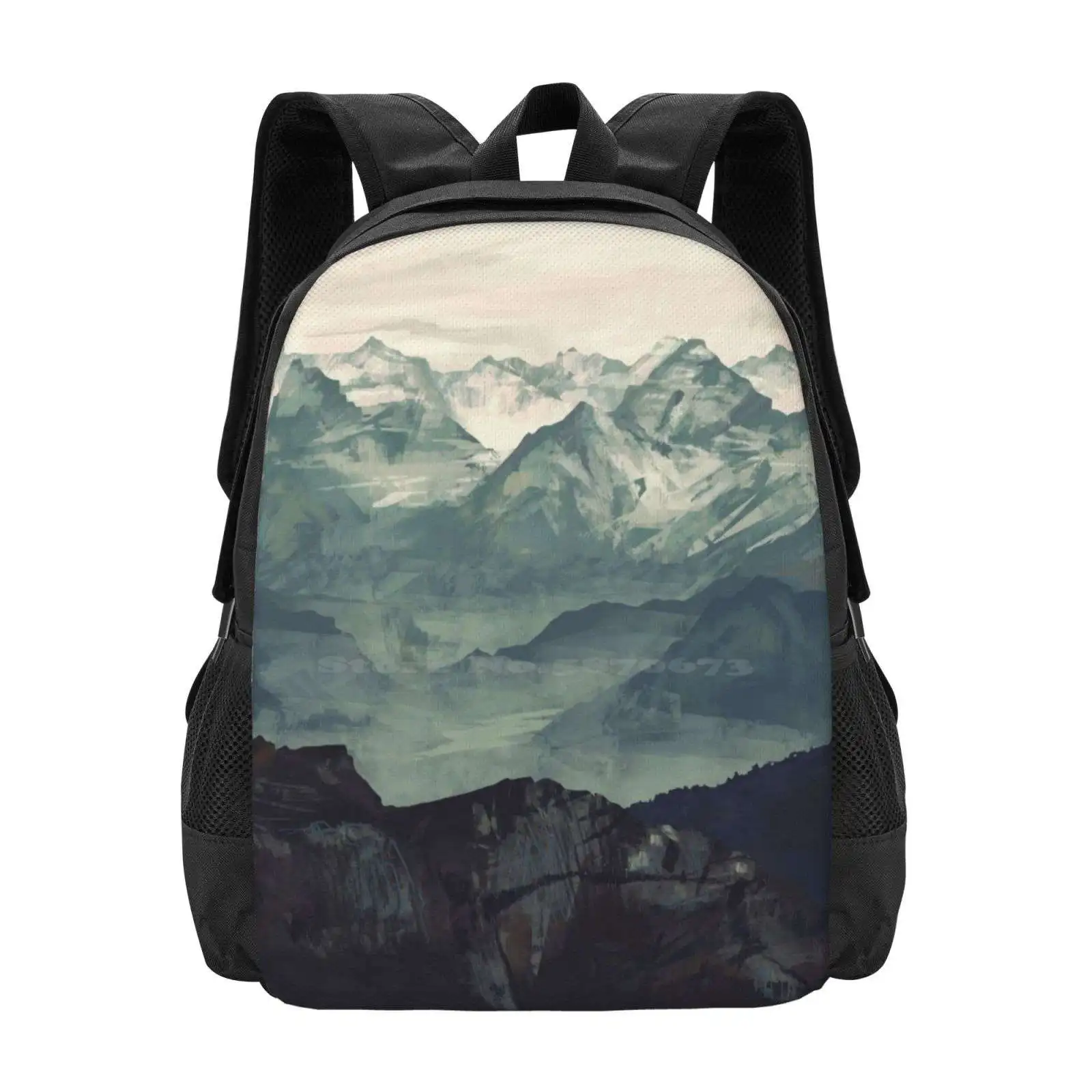 Mountain Fog Backpack For Student School Laptop Travel Bag Fog Nature Blue Black Green Winter Snow Landscape Rocks Micaela Dawn